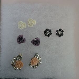 Set of Women's Floral and Crystal Stud Earrings - Peach, Purple, Ivory, Black